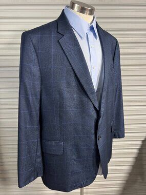 Jos A Bank Men's Navy Blue Windowpane Blazer Regal Fit Silk Wool 48S